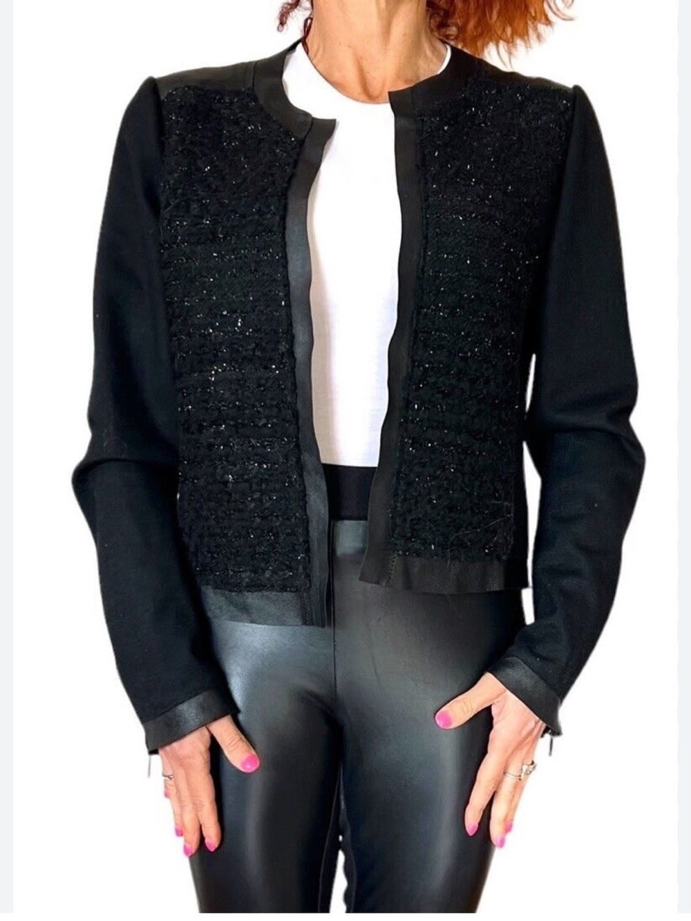 Elie Tahari Black Bouclé Tweed Lamb Leather Trim Jacket Size Small